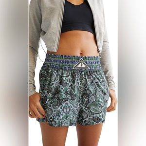 Free People Next Round Shorts Blue Green Paisley Pull On Elastic Waist Workout